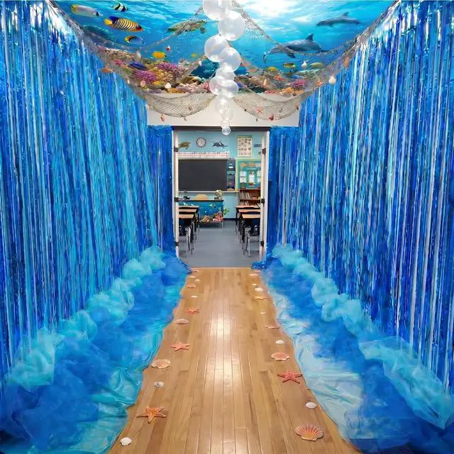 Main image of 10 Pcs Under The Ocean Hanging Classroom Decorations Blue Foil Curtain Fringe Ocean Backdrop and Mesh Under The Sea Hanging Party Decor for Vbs 2026 Coastal Theme Party Photo Prop Background