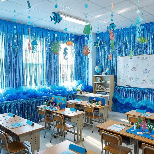 Alt view image 2 of 7 - 10 Pcs Under The Ocean Hanging Classroom Decorations Blue Foil Curtain Fringe Ocean Backdrop and Mesh Under The Sea Hanging Party Decor for Vbs 2026 Coastal Theme Party Photo Prop Background