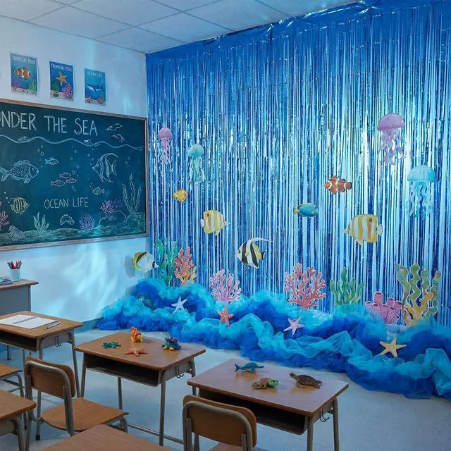 Alt view image 3 of 7 - 10 Pcs Under The Ocean Hanging Classroom Decorations Blue Foil Curtain Fringe Ocean Backdrop and Mesh Under The Sea Hanging Party Decor for Vbs 2026 Coastal Theme Party Photo Prop Background