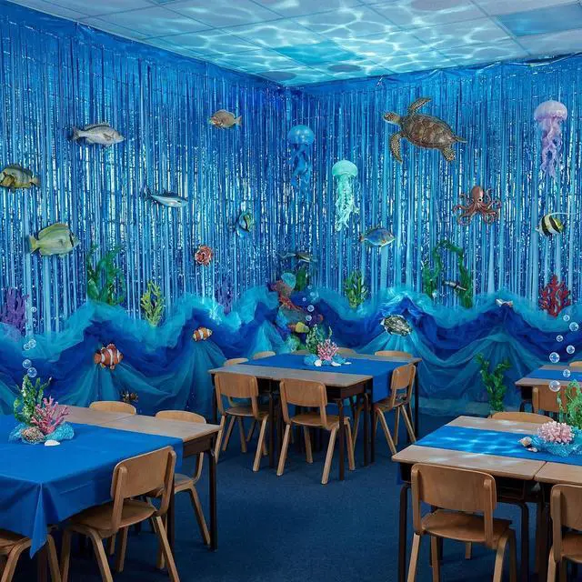 Alt view image 4 of 7 - 10 Pcs Under The Ocean Hanging Classroom Decorations Blue Foil Curtain Fringe Ocean Backdrop and Mesh Under The Sea Hanging Party Decor for Vbs 2026 Coastal Theme Party Photo Prop Background