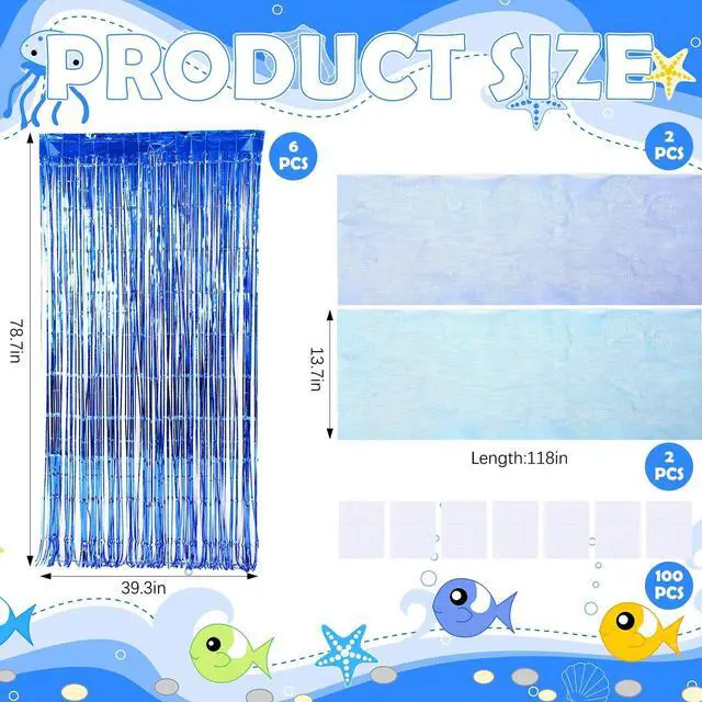 Alt view image 5 of 7 - 10 Pcs Under The Ocean Hanging Classroom Decorations Blue Foil Curtain Fringe Ocean Backdrop and Mesh Under The Sea Hanging Party Decor for Vbs 2026 Coastal Theme Party Photo Prop Background