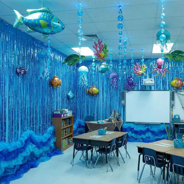 Alt view image 6 of 7 - 10 Pcs Under The Ocean Hanging Classroom Decorations Blue Foil Curtain Fringe Ocean Backdrop and Mesh Under The Sea Hanging Party Decor for Vbs 2026 Coastal Theme Party Photo Prop Background
