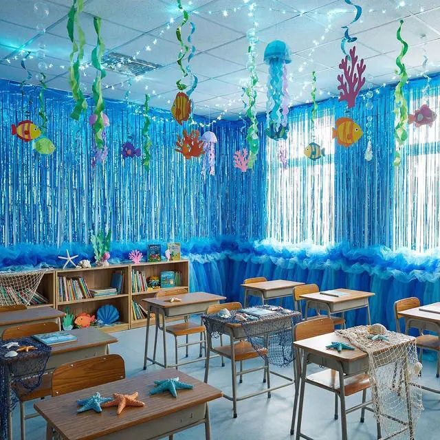 Alt view image 7 of 7 - 10 Pcs Under The Ocean Hanging Classroom Decorations Blue Foil Curtain Fringe Ocean Backdrop and Mesh Under The Sea Hanging Party Decor for Vbs 2026 Coastal Theme Party Photo Prop Background