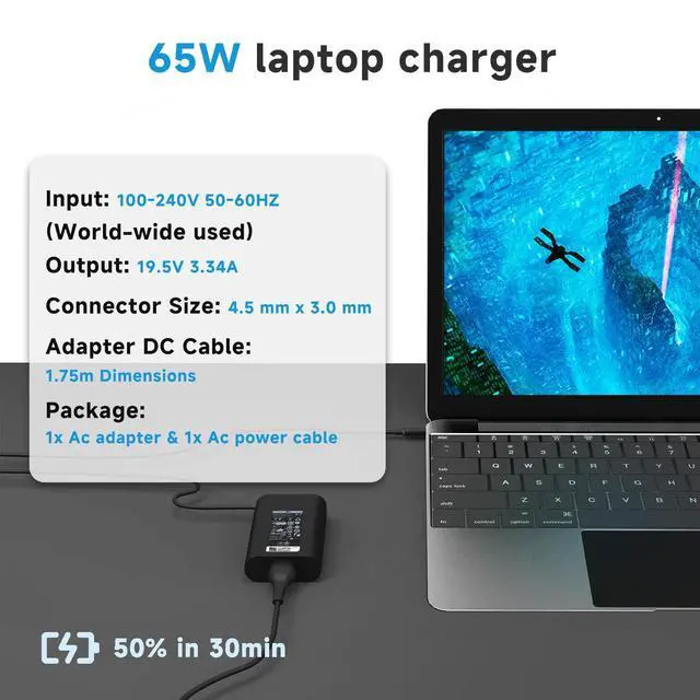 Alt view image 7 of 7 - 65W 4.5mm Laptop Charger Compatible with Dell Inspiron 15 3000 5000 | 19.5V 3.34A AC Adapter for 13 14 17 7000 Latitude 3490 3590 Vostro Small Round Tip 45W Replaces LA65NS2-01