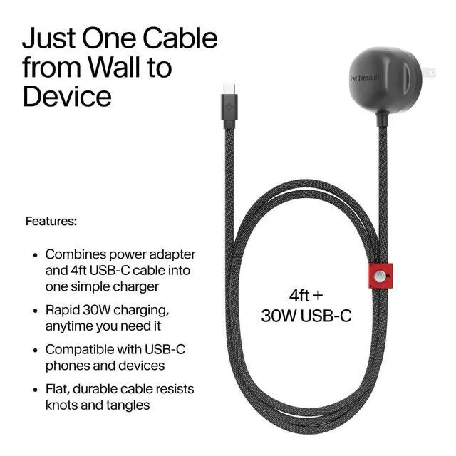 Alt view image 2 of 7 - PowerCord All in One 30W USB-C Fast Charger, Slate, 4ft | One Cable to Charge Your USB-C Devices, Simplifies Charging from Wall to Device, Fast Charger for iPhones, Tablets, Laptops