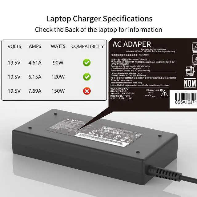 Alt view image 2 of 7 - 120W 19.5V 6.15A Laptop Charger 710415-001 Fit for HP USB-C Dock G5,USB-C/A Universal Dock G2 5TW13AA,Docking Statio Charger,Envy 15 17 Series L41856-001 Adapter Power Supply 4.5 * 3.0mm Blue Tip