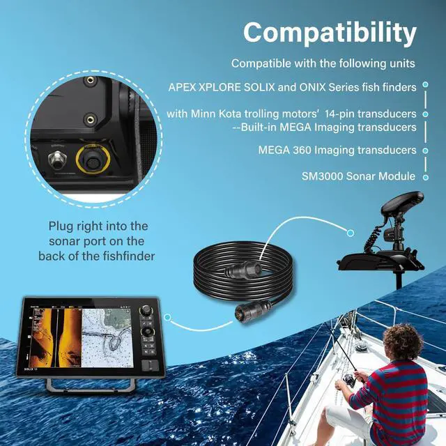 Alt view image 4 of 7 - 720106-1 EC M3 14W10 Transducer Extension Cable 14-pin Fit for Humminbird APEX XPLORE SOLIX and Onix Series Fish Finder Compatible with Built-in MEGA Imaging (10 Feet)