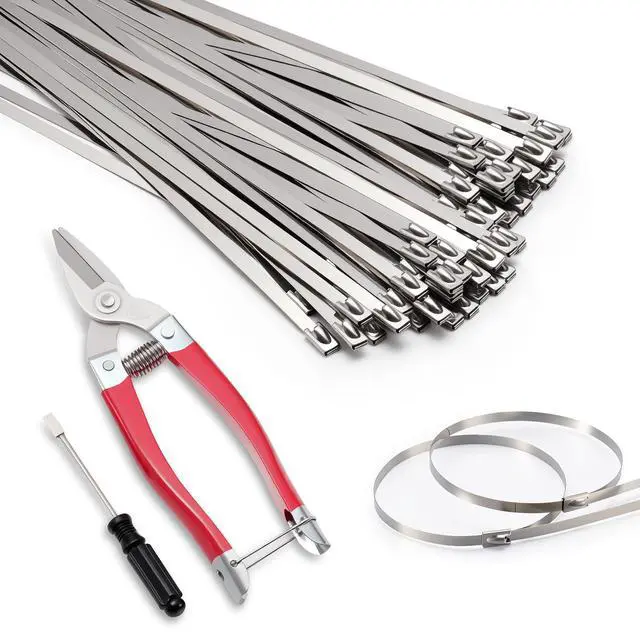 Main image of 52-Piece Stainless Steel Zip Tie Kit with Scissors and Release Tool | Self-locking 11.8-inch 304 metal ties for exhaust wrap, fencing, pipes, cables, farm and outdoor fastening projects