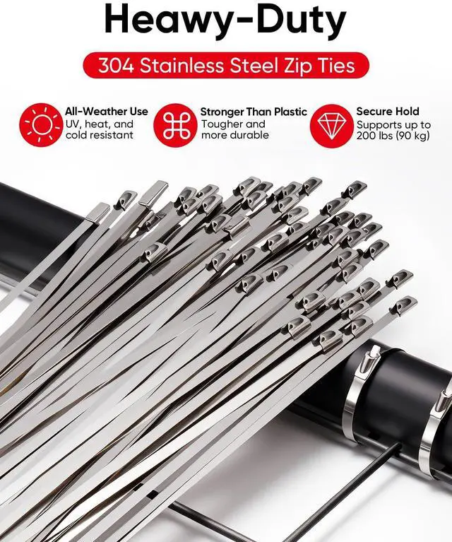 Alt view image 2 of 7 - 52-Piece Stainless Steel Zip Tie Kit with Scissors and Release Tool | Self-locking 11.8-inch 304 metal ties for exhaust wrap, fencing, pipes, cables, farm and outdoor fastening projects