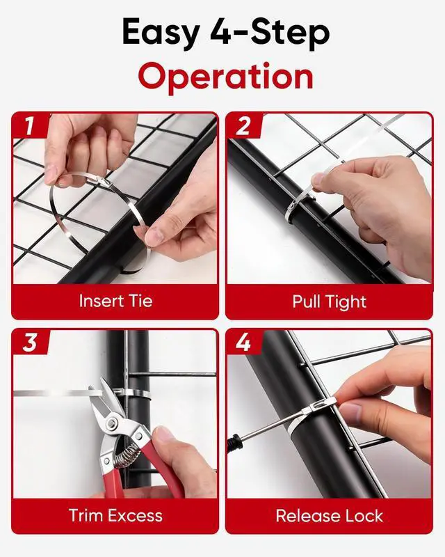 Alt view image 6 of 7 - 52-Piece Stainless Steel Zip Tie Kit with Scissors and Release Tool | Self-locking 11.8-inch 304 metal ties for exhaust wrap, fencing, pipes, cables, farm and outdoor fastening projects