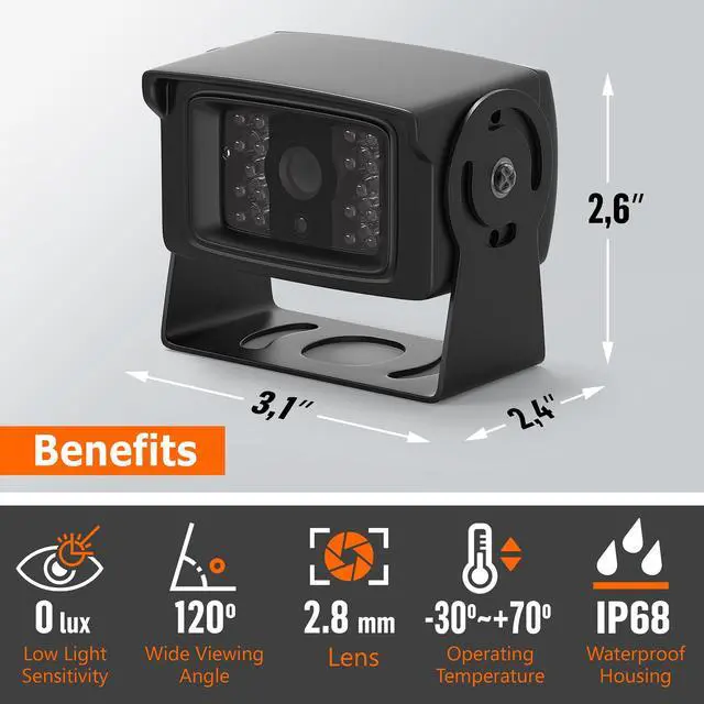 Alt view image 7 of 7 - Heavy Duty Truck RCA Backup Camera with Night Vision, IP68 Waterproof & CCD Sensor - Rear View Camera for RV, Trailer, Bus, Van, Excavator - Includes RCA (CVBS) Cable