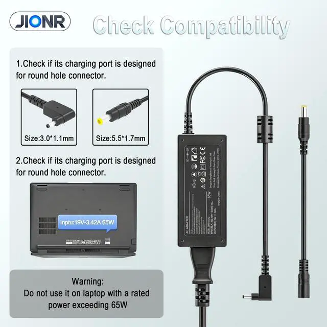 Alt view image 3 of 7 - 65W Laptop Charger with 3.0×1.1mm & 5.5×1.7mm DC Tips Replacement for Acer | Fit N15Q8 N15Q9 N20C5 Aspire A515-44 A515-45 A515-56 Chromebook C738T C740 E5-575 5742 N19C1 E1-532 V3-571 Power Adapter