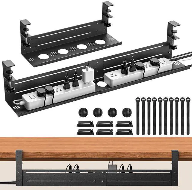 Main image of Under Desk Cable Management Tray - 18-29in Retractable Iron Cord Organizer, No-Drill Installation with Anti-Slip Pads, Desk Cable Tray for Office, Gaming,Standing Desks(Black)