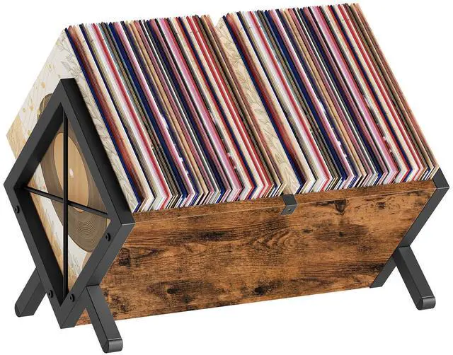 Main image of Vinyl Record Holder, Record Storage Rack Holds 80-100 LPWooden and Metal Record Organizer, Quick Assembly Magazine Holder for CDs, Magazine, Albums, Rustic Brown and Black CJ06BR