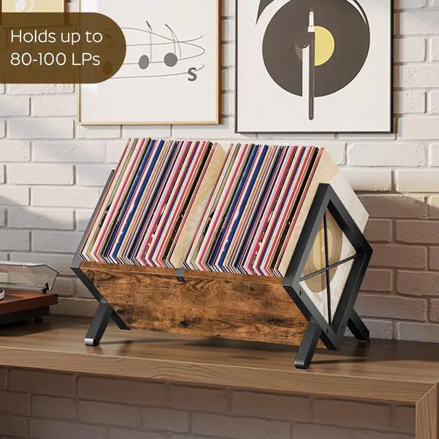 Alt view image 2 of 7 - Vinyl Record Holder, Record Storage Rack Holds 80-100 LPWooden and Metal Record Organizer, Quick Assembly Magazine Holder for CDs, Magazine, Albums, Rustic Brown and Black CJ06BR