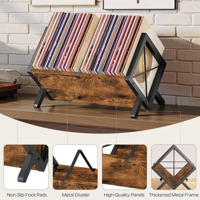 Alt view image 4 of 7 - Vinyl Record Holder, Record Storage Rack Holds 80-100 LPWooden and Metal Record Organizer, Quick Assembly Magazine Holder for CDs, Magazine, Albums, Rustic Brown and Black CJ06BR