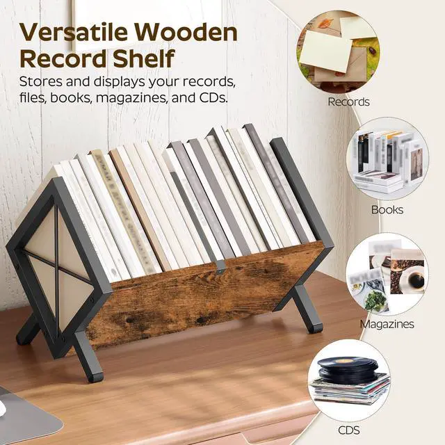 Alt view image 5 of 7 - Vinyl Record Holder, Record Storage Rack Holds 80-100 LPWooden and Metal Record Organizer, Quick Assembly Magazine Holder for CDs, Magazine, Albums, Rustic Brown and Black CJ06BR