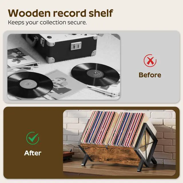 Alt view image 6 of 7 - Vinyl Record Holder, Record Storage Rack Holds 80-100 LPWooden and Metal Record Organizer, Quick Assembly Magazine Holder for CDs, Magazine, Albums, Rustic Brown and Black CJ06BR