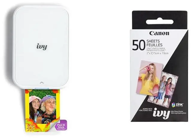 Main image of Ivy 2 Mini Photo Printer, Print from Compatible iOS & Android Devices, Sticky-Back Prints, Pure White Zink Photo Paper Pack, 50 Sheets