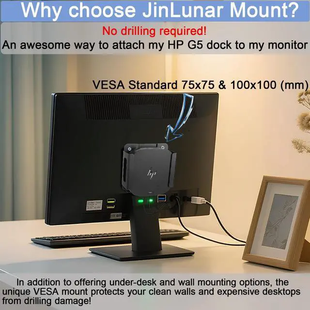 Alt view image 3 of 7 - Metal VESA Mount and Under Desk Mount for HP USB-C Dock G5 Wall Mount,Designed for Docking Station Mounting Holder Compatible with HP USB-C Dock G5, (Black Holder Only)