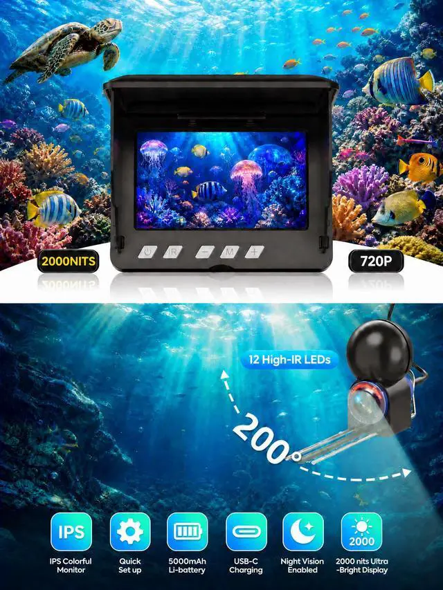 Alt view image 2 of 7 - Underwater Fishing Camera,4.3" LCD Screen,Portable Fish Finder with 12 IR LED Night Vision&200° Wide,IP68 Waterproof Ice Fishing Camera with 50ft Cable&5000mAh Battery for Ice Lake Boat Kayak Fishing