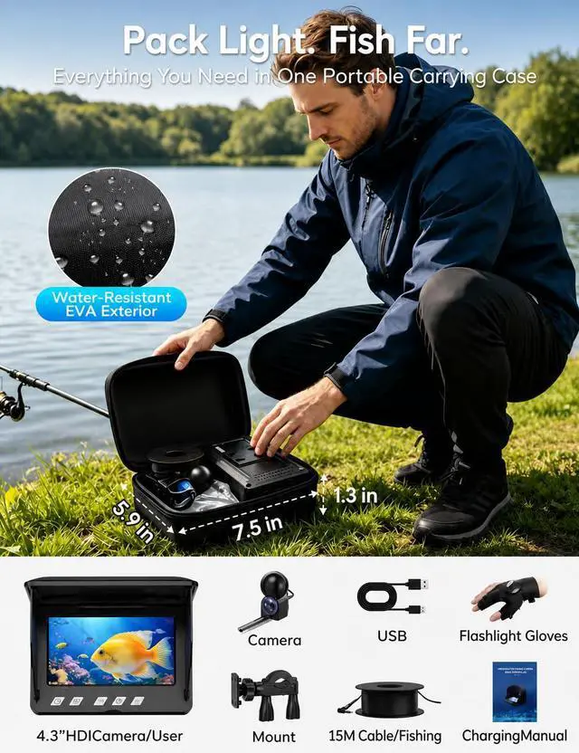 Alt view image 4 of 7 - Underwater Fishing Camera,4.3" LCD Screen,Portable Fish Finder with 12 IR LED Night Vision&200° Wide,IP68 Waterproof Ice Fishing Camera with 50ft Cable&5000mAh Battery for Ice Lake Boat Kayak Fishing