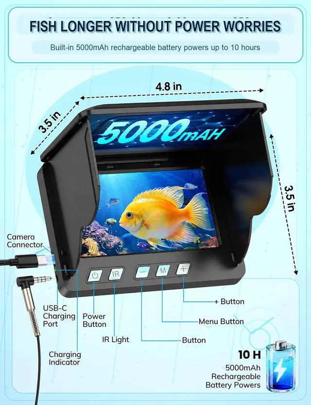 Alt view image 5 of 7 - Underwater Fishing Camera,4.3" LCD Screen,Portable Fish Finder with 12 IR LED Night Vision&200° Wide,IP68 Waterproof Ice Fishing Camera with 50ft Cable&5000mAh Battery for Ice Lake Boat Kayak Fishing