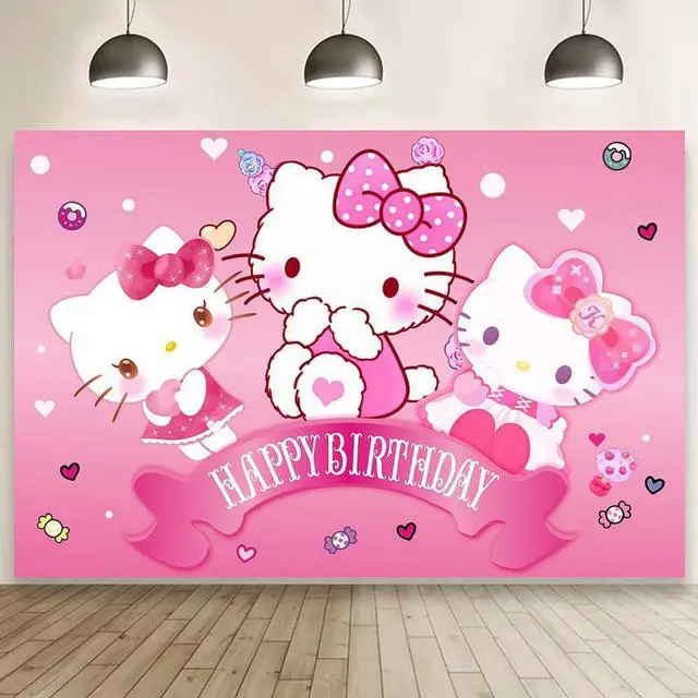 Main image of Kitty Birthday Decorations,Girls Princess Happy Birthday Banner Backdrop for Kids Birthday Party Supplies (5x3ft)