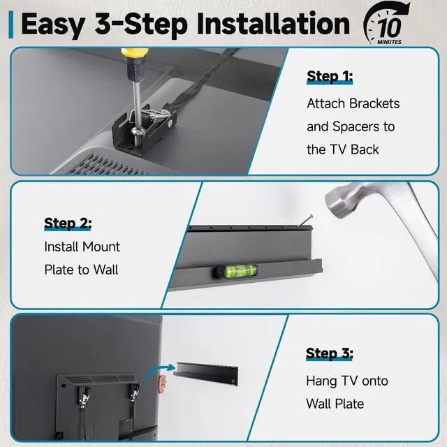 Alt view image 7 of 7 - No Stud TV Wall Mount, Studless Drywall Mount TV Bracket for Most 32-70 TVs, No Damage, No Drill TV Hanger, Low Profile, Holds up to 130 lbs, Max VESA 400x400mm