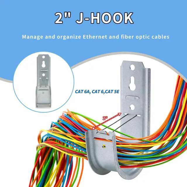 Alt view image 2 of 7 - 50 Pack 2-Inch Galvanized Steel Cable Support J-Hooks | With Retainer Clips, Heavy Duty, Wall Mount Cable Management, For Structured Cabling & Organization