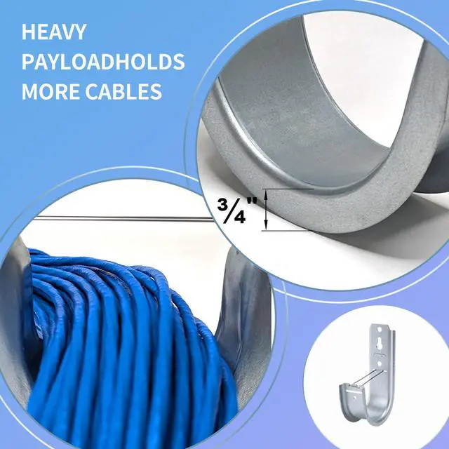 Alt view image 4 of 7 - 50 Pack 2-Inch Galvanized Steel Cable Support J-Hooks | With Retainer Clips, Heavy Duty, Wall Mount Cable Management, For Structured Cabling & Organization