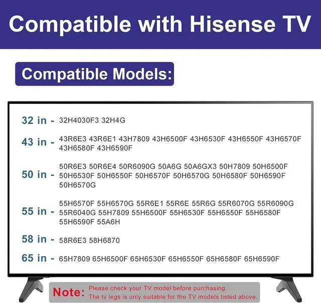 Alt view image 3 of 7 - TV Base Stand for Hisense TV Legs, TV Stand Legs Only for Hisense 32H4030F3 32H4G 43R6E3 43R6E1 50R6E3 50R6E4 50R6090G 55R6E1 55R6E 55R6070G 58R6E3 65H6570F, wr Screw, Only for Models We List
