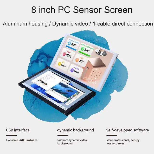 Alt view image 2 of 6 - 8 Inch LCD Screen Inside PC Case Screen (Desktop Mode Added), 1 Click 1 Cable to Get Started Computer Temperature Display Monitor, Sensor Panel for Inside PC Case with Screen (Black)