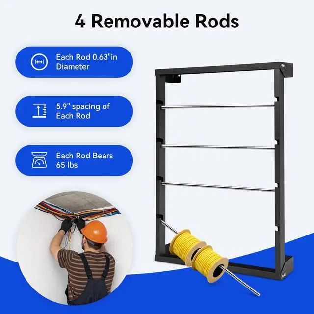 Alt view image 3 of 7 - Heavy Duty Wall Mounted Wire Spool Rack, with 4 Adjustable Rods | Cold-Rolled Steel Wire Spool Holder, Wire Spool Storage Rack for Industrial, Electrical, and Retail Storage and Display