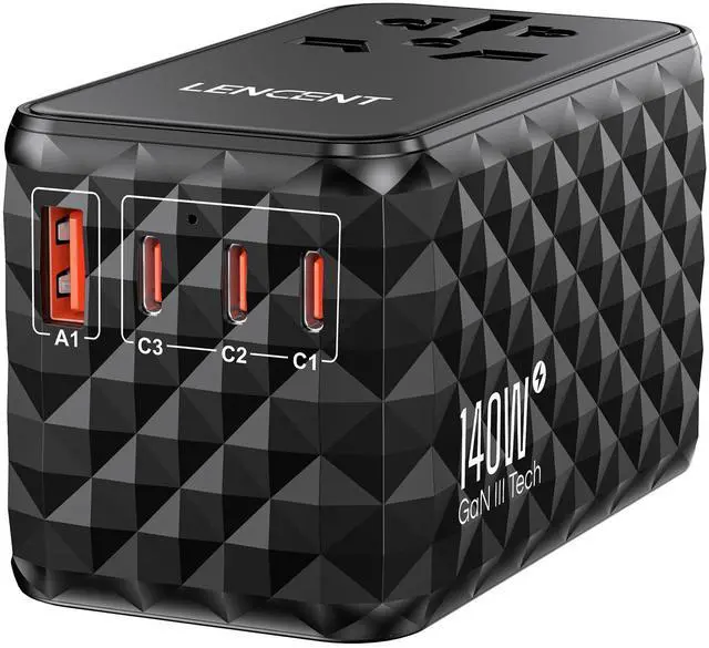 Main image of 140W International Travel Adapter, GaN Universal Travel Adapter | with 1 USB-A & 3 Type C Power Adapter, Fast Charger for Phone,Laptops, Worldwide Plug Adapter for USA/UK/EU/AUS, Black
