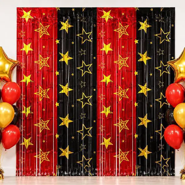 Main image of Movie Night Foil Fringe Curtains Backdrop Decorations, 2 Pack | 3.3 x 6.6 Ft Star Red and Black Movie Tinsel Streamers Backdrop for Movie Theater Hollywood Theme Party Decoration Supplies