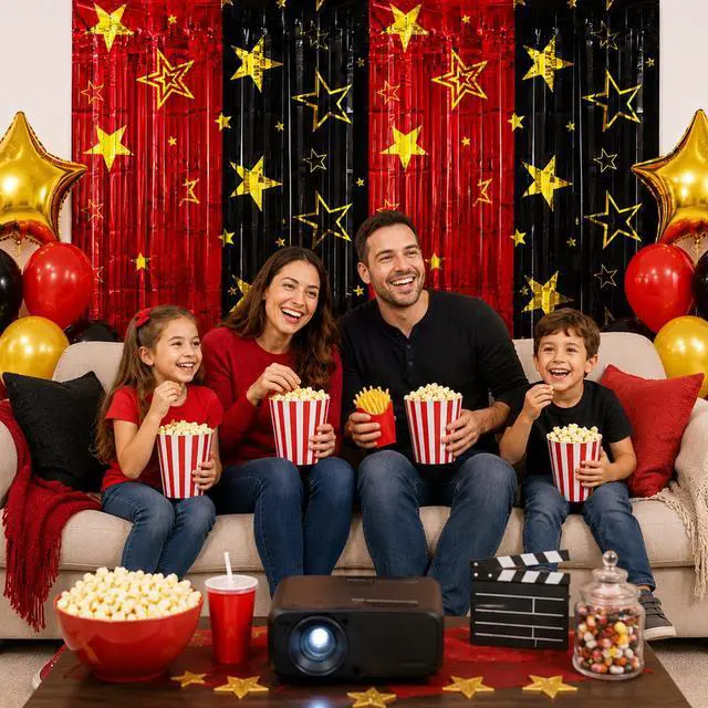 Alt view image 2 of 7 - Movie Night Foil Fringe Curtains Backdrop Decorations, 2 Pack | 3.3 x 6.6 Ft Star Red and Black Movie Tinsel Streamers Backdrop for Movie Theater Hollywood Theme Party Decoration Supplies