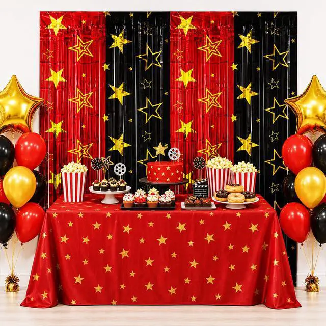Alt view image 3 of 7 - Movie Night Foil Fringe Curtains Backdrop Decorations, 2 Pack | 3.3 x 6.6 Ft Star Red and Black Movie Tinsel Streamers Backdrop for Movie Theater Hollywood Theme Party Decoration Supplies