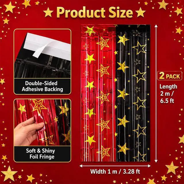 Alt view image 4 of 7 - Movie Night Foil Fringe Curtains Backdrop Decorations, 2 Pack | 3.3 x 6.6 Ft Star Red and Black Movie Tinsel Streamers Backdrop for Movie Theater Hollywood Theme Party Decoration Supplies