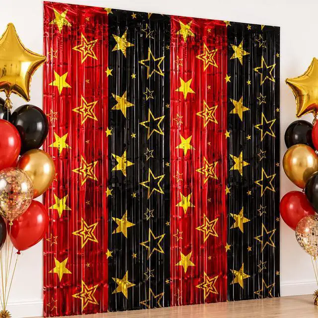 Alt view image 6 of 7 - Movie Night Foil Fringe Curtains Backdrop Decorations, 2 Pack | 3.3 x 6.6 Ft Star Red and Black Movie Tinsel Streamers Backdrop for Movie Theater Hollywood Theme Party Decoration Supplies