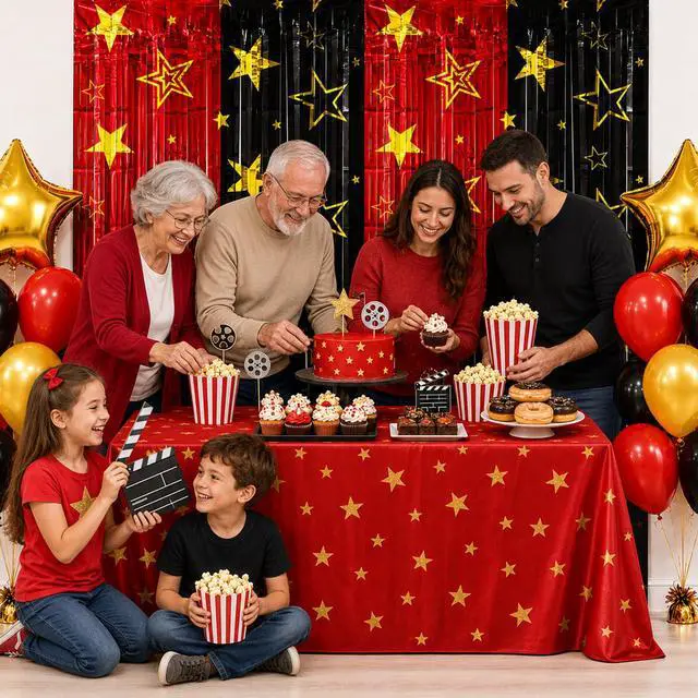 Alt view image 7 of 7 - Movie Night Foil Fringe Curtains Backdrop Decorations, 2 Pack | 3.3 x 6.6 Ft Star Red and Black Movie Tinsel Streamers Backdrop for Movie Theater Hollywood Theme Party Decoration Supplies