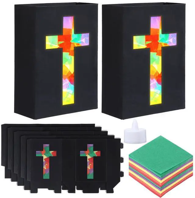 Main image of 16 Set 2026 VBS Cross Lantern Craft Kit DIY Illumination Theme Faux Stained Glass Paper Lanterns with LED Candle Lights Religious Easter Make Your Own Craft Bulk for Church Vacation Holiday