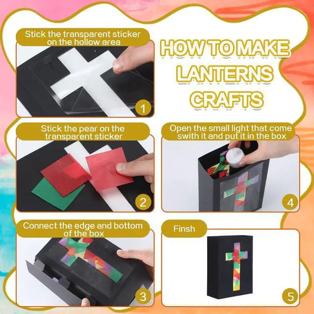Alt view image 3 of 6 - 16 Set 2026 VBS Cross Lantern Craft Kit DIY Illumination Theme Faux Stained Glass Paper Lanterns with LED Candle Lights Religious Easter Make Your Own Craft Bulk for Church Vacation Holiday