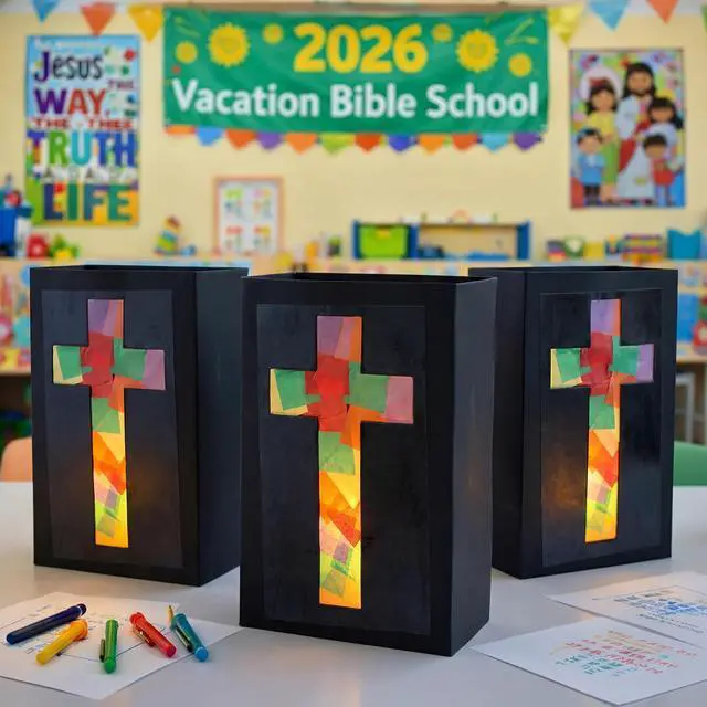 Alt view image 4 of 6 - 16 Set 2026 VBS Cross Lantern Craft Kit DIY Illumination Theme Faux Stained Glass Paper Lanterns with LED Candle Lights Religious Easter Make Your Own Craft Bulk for Church Vacation Holiday