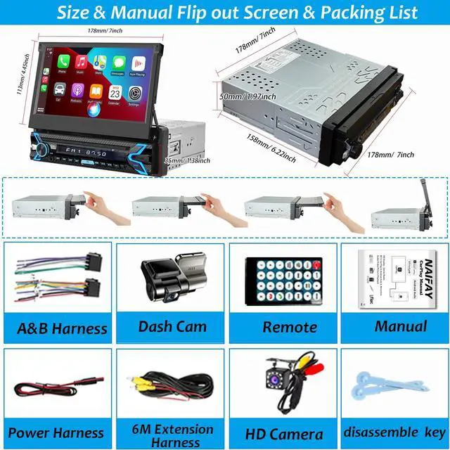 Alt view image 6 of 6 - Single Din Flip Out Screen Car Radio with Backup Camera & Dash Cam | 7inch Flip Up Screen Car Stereo Single Din with Apple Carplay & Android Auto, Bluetooth, FM/EQ, Mirrorlink, SWC, Subwoofer