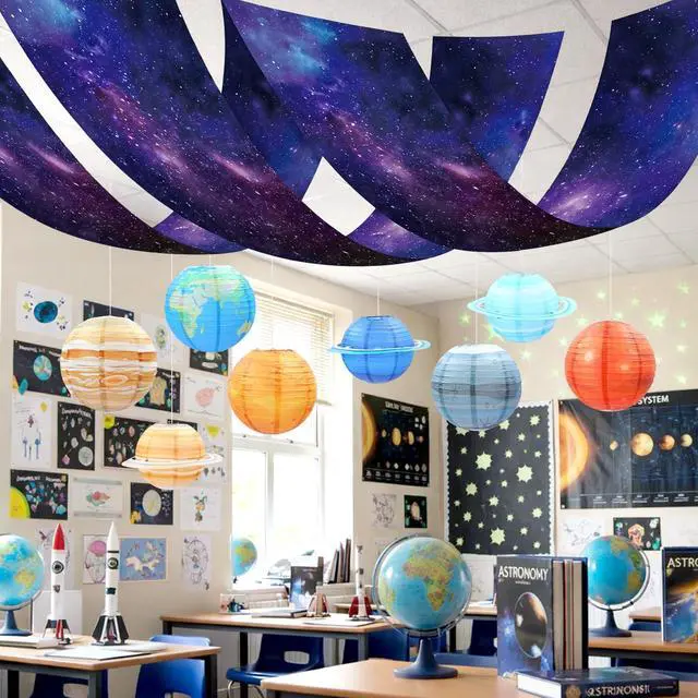 Alt view image 3 of 7 - 13 Pcs Space Ceiling Decoration for Classroom, 12" x 2 ft Galaxy Hanging Backdrop 8 Solar System Paper Lanterns & Star Foil Fringe Curtains Ornament for Vbs Back to School Party Decor