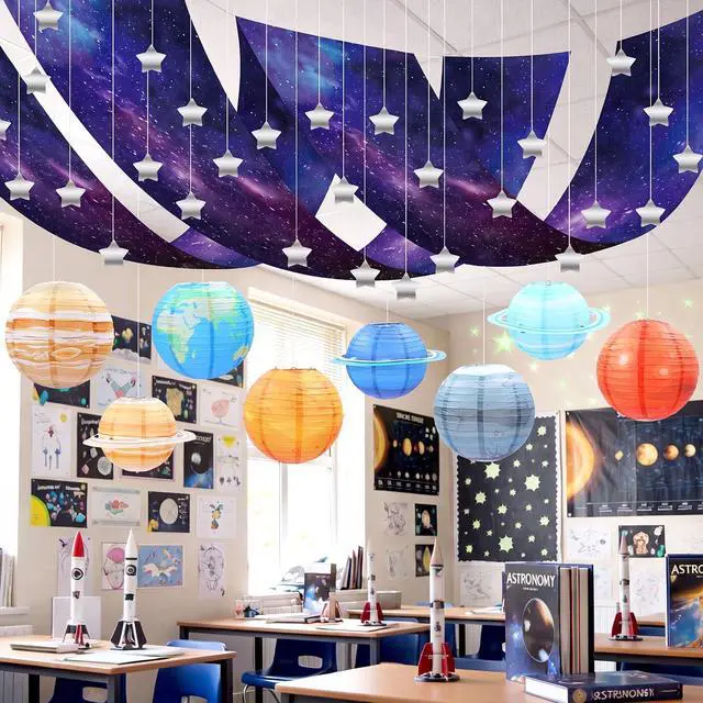 Main image of 13 Pcs Space Ceiling Decoration for Classroom, 12" x 2 ft Galaxy Hanging Backdrop 8 Solar System Paper Lanterns & Star Foil Fringe Curtains Ornament for Vbs Back to School Party Decor