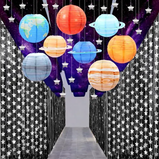 Alt view image 2 of 7 - 13 Pcs Space Ceiling Decoration for Classroom, 12" x 2 ft Galaxy Hanging Backdrop 8 Solar System Paper Lanterns & Star Foil Fringe Curtains Ornament for Vbs Back to School Party Decor