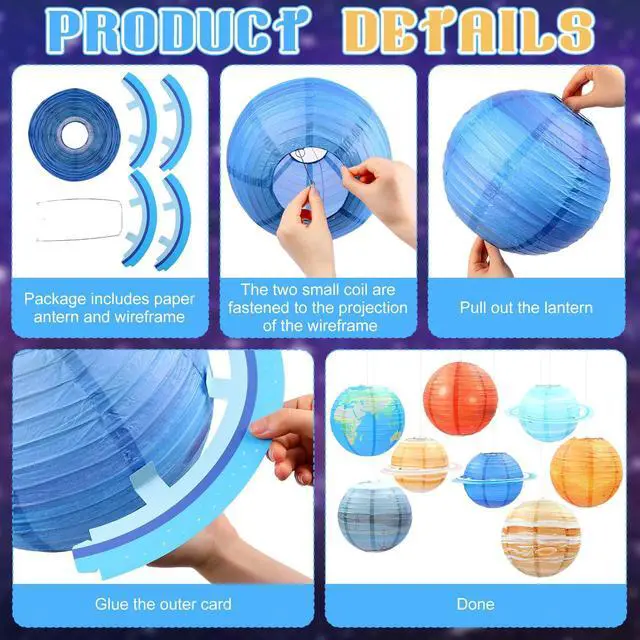 Alt view image 5 of 7 - 13 Pcs Space Ceiling Decoration for Classroom, 12" x 2 ft Galaxy Hanging Backdrop 8 Solar System Paper Lanterns & Star Foil Fringe Curtains Ornament for Vbs Back to School Party Decor