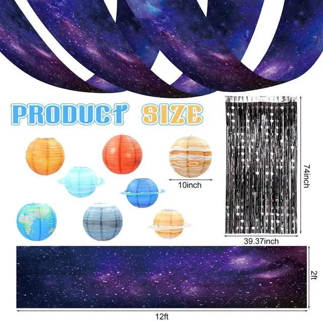 Alt view image 4 of 7 - 13 Pcs Space Ceiling Decoration for Classroom, 12" x 2 ft Galaxy Hanging Backdrop 8 Solar System Paper Lanterns & Star Foil Fringe Curtains Ornament for Vbs Back to School Party Decor
